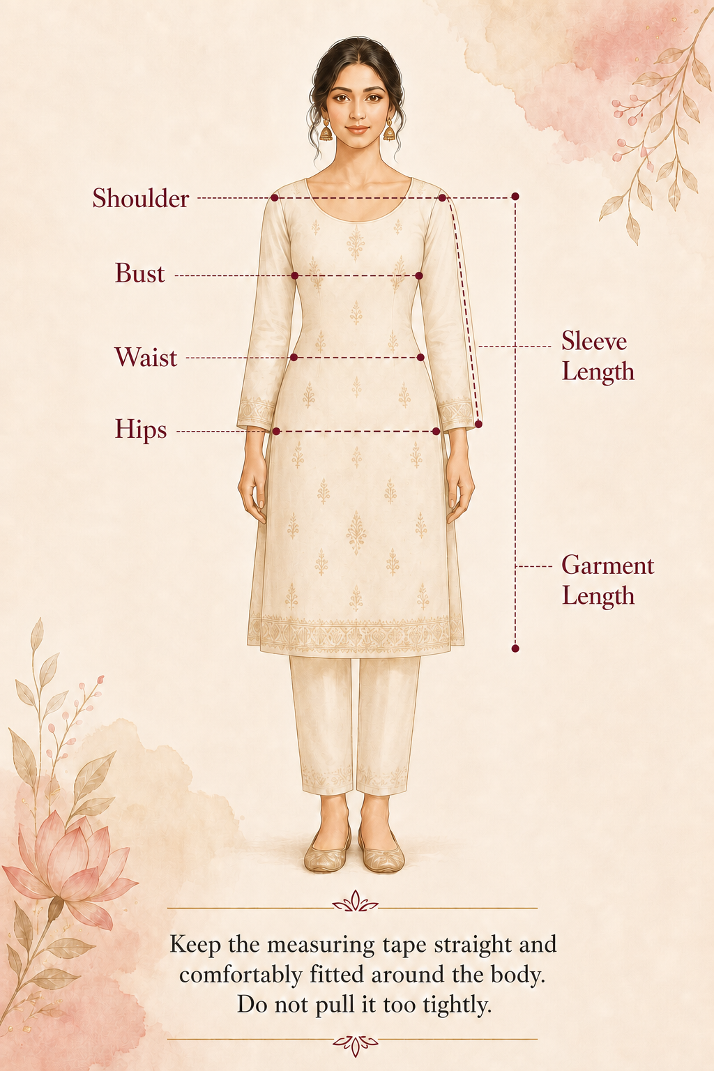 Illustration showing how to measure shoulder, bust, waist, hips, sleeve length and garment length