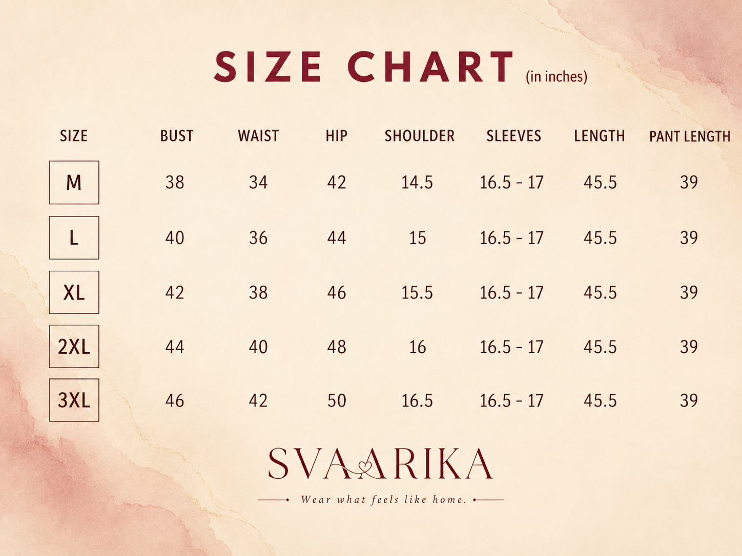 Kurta Set size chart